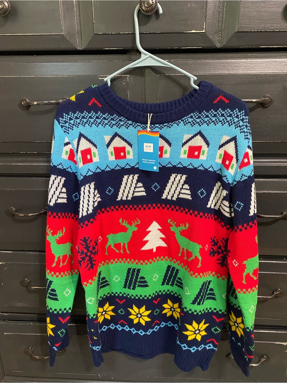ALDI Men's Navy Multicolor Holiday Crewneck Sweater